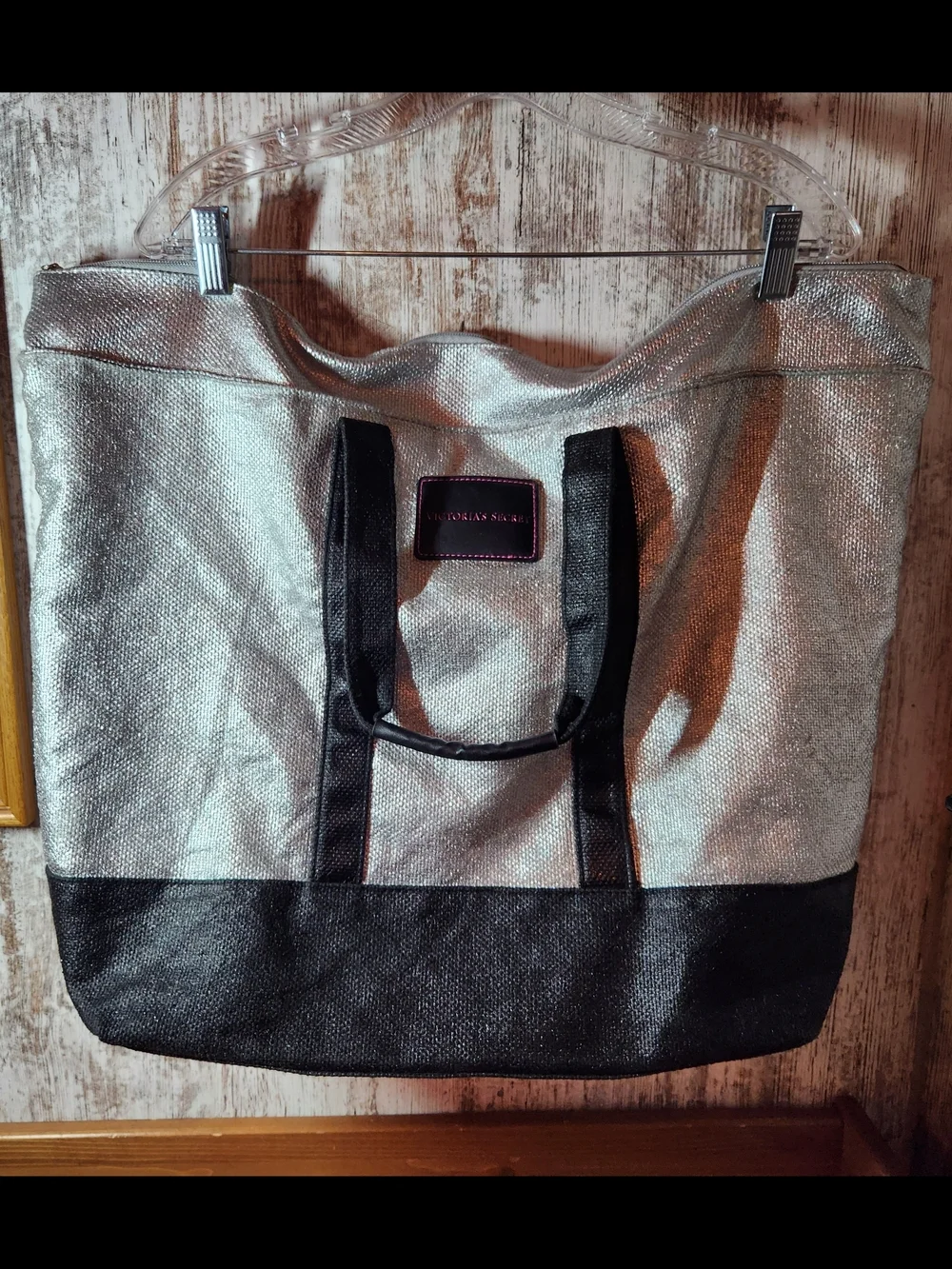 Victoria's Secret Silver and Black Shimmer Large Tote Bag